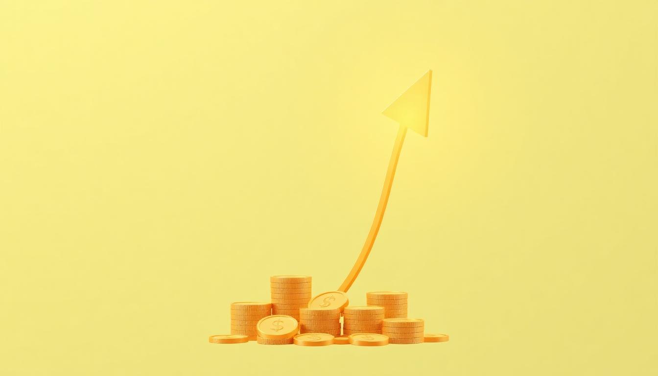 Ilustração de crescimento financeiro com moedas douradas e seta ascendente